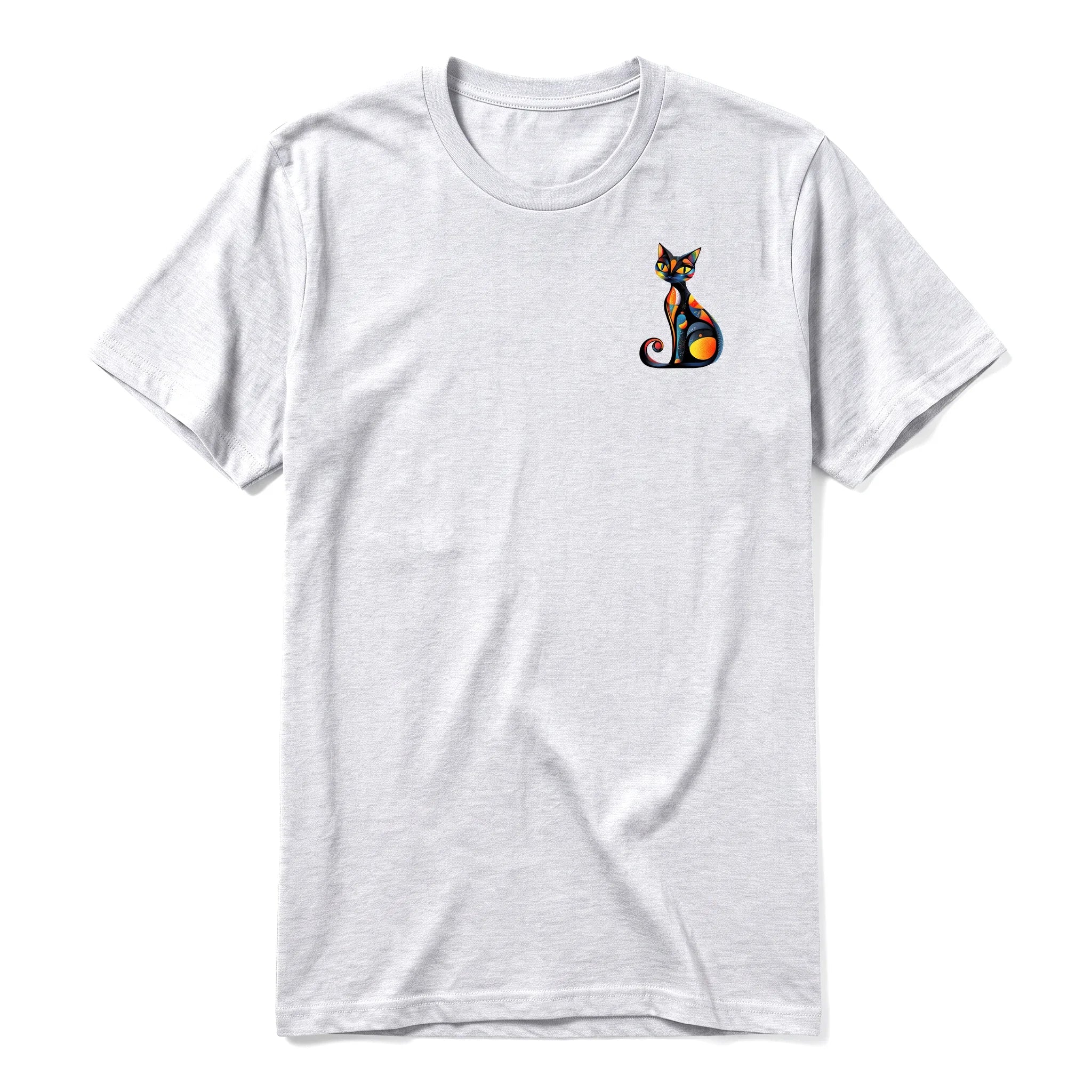 A ash grey short-sleeve crewneck t-shirt for adult featuring a graphic of a cat on the left chest.