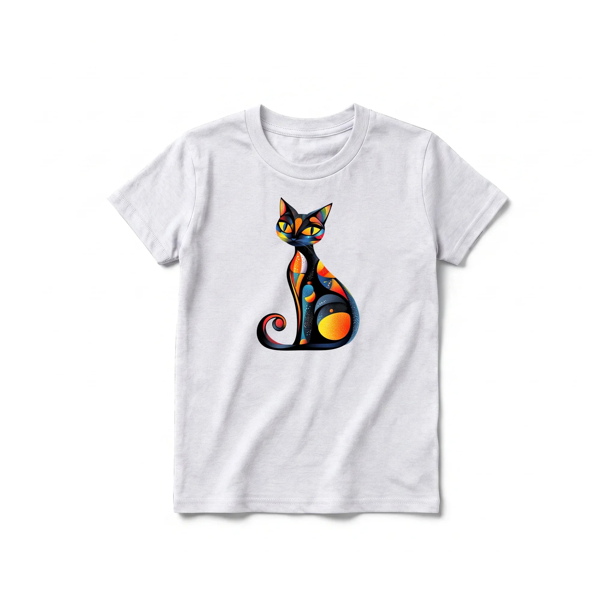 A ash grey short-sleeve crewneck t-shirt for youth featuring a graphic of a cat on the front.