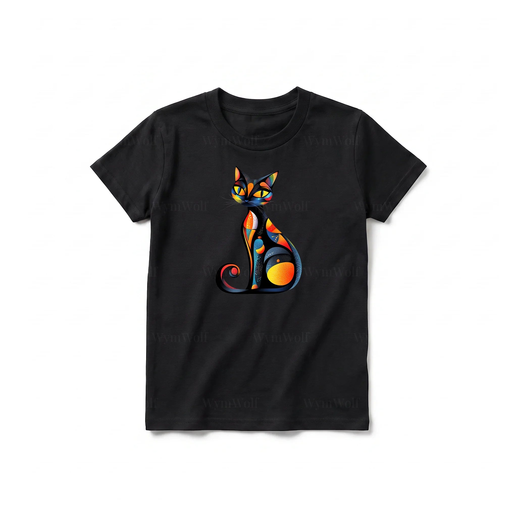 A black short-sleeve crewneck t-shirt for youth featuring a graphic of a cat on the front.