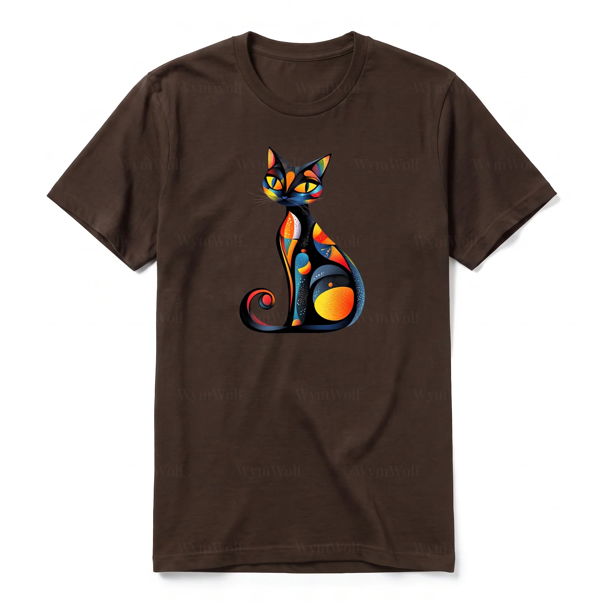 A chocolate short-sleeve crewneck t-shirt for adult featuring a graphic of a cat on the front.