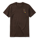 A chocolate short-sleeve crewneck t-shirt for adult featuring a graphic of a cat on the left chest.