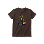 A chocolate short-sleeve crewneck t-shirt for youth featuring a graphic of a cat on the front.