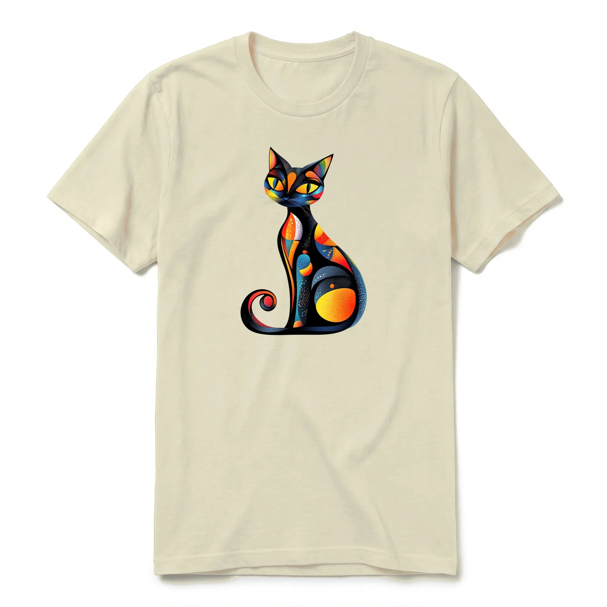 A latte short-sleeve crewneck t-shirt for adult featuring a graphic of a cat on the front.