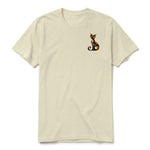 A latte short-sleeve crewneck t-shirt for adult featuring a graphic of a cat on the left chest.