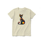 A latte short-sleeve crewneck t-shirt for youth featuring a graphic of a cat on the front.
