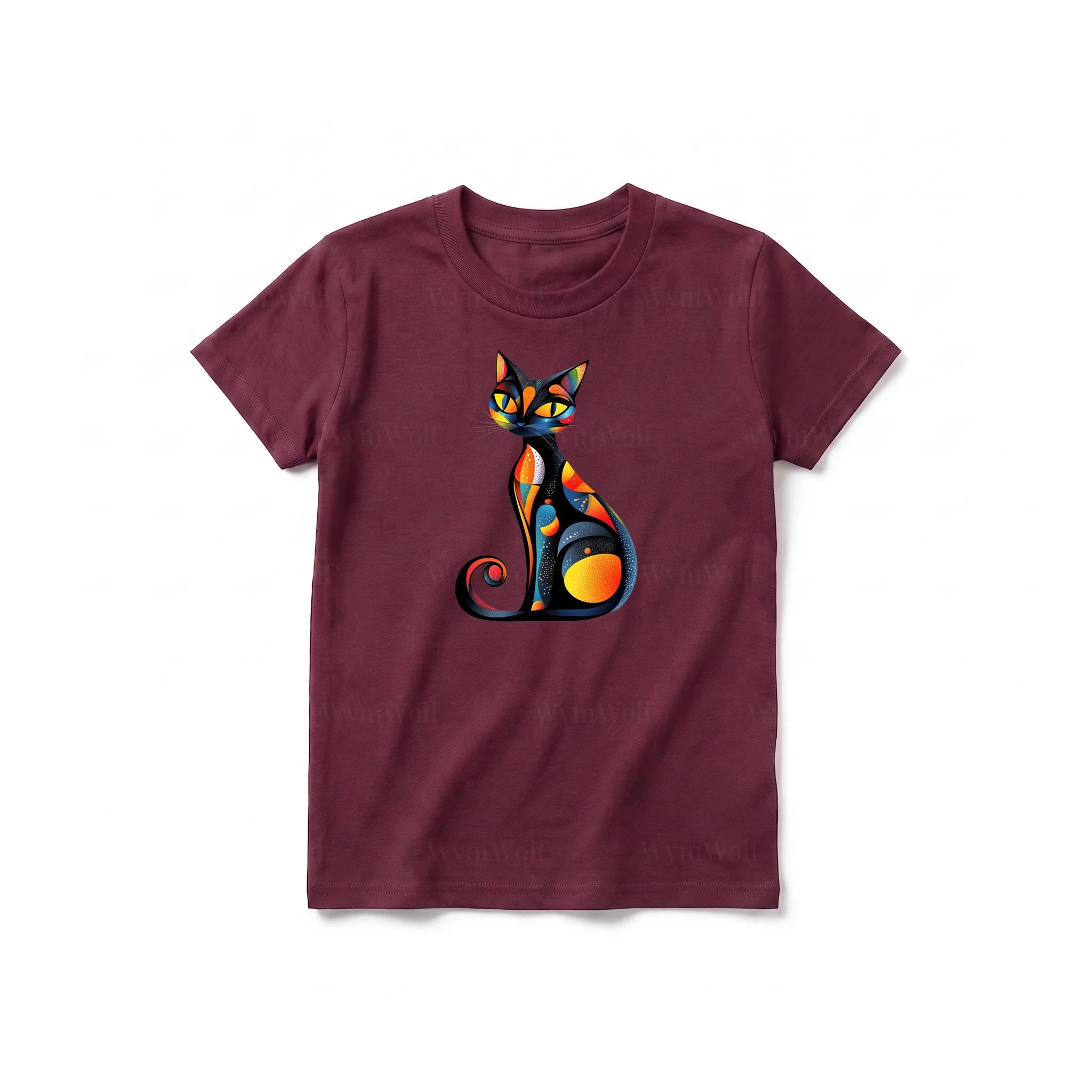 Un T-shirt marron à manches courtes et col rond pour jeune, orné d'un motif représentant un chat sur le devant.