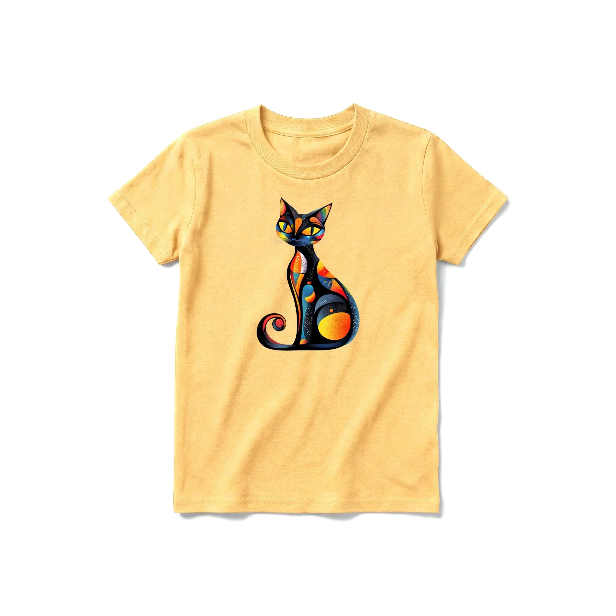 Un T-shirt moutarde à manches courtes et col rond pour jeune, orné d'un motif représentant un chat sur le devant.