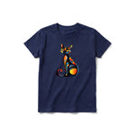 A navy short-sleeve crewneck t-shirt for youth featuring a graphic of a cat on the front.