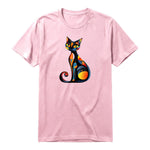 A pink short-sleeve crewneck t-shirt for adult featuring a graphic of a cat on the front.