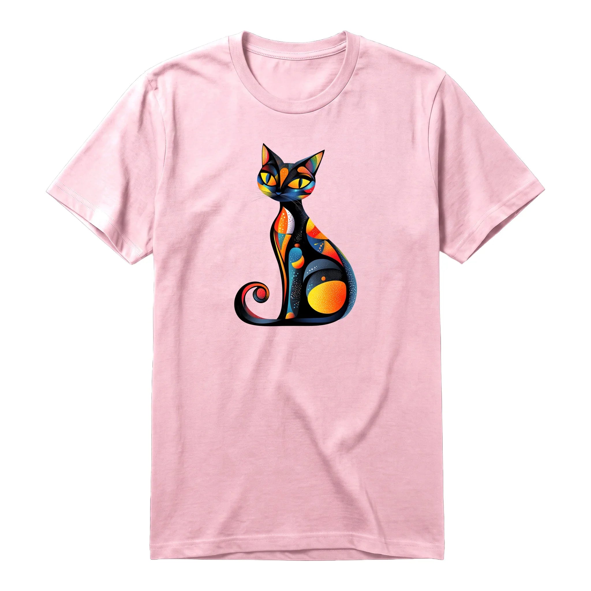 A pink short-sleeve crewneck t-shirt for adult featuring a graphic of a cat on the front.