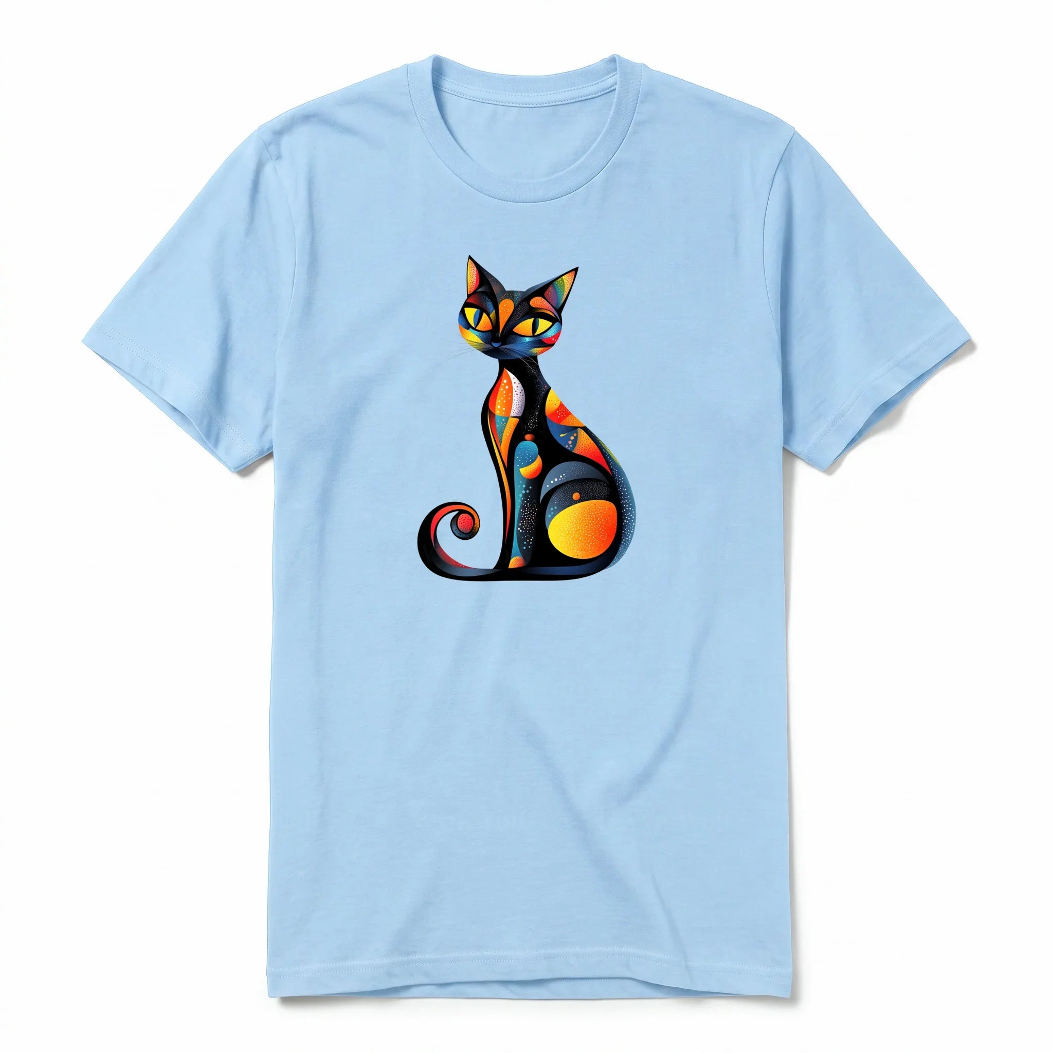 A powder short-sleeve crewneck t-shirt for adult featuring a graphic of a cat on the front.