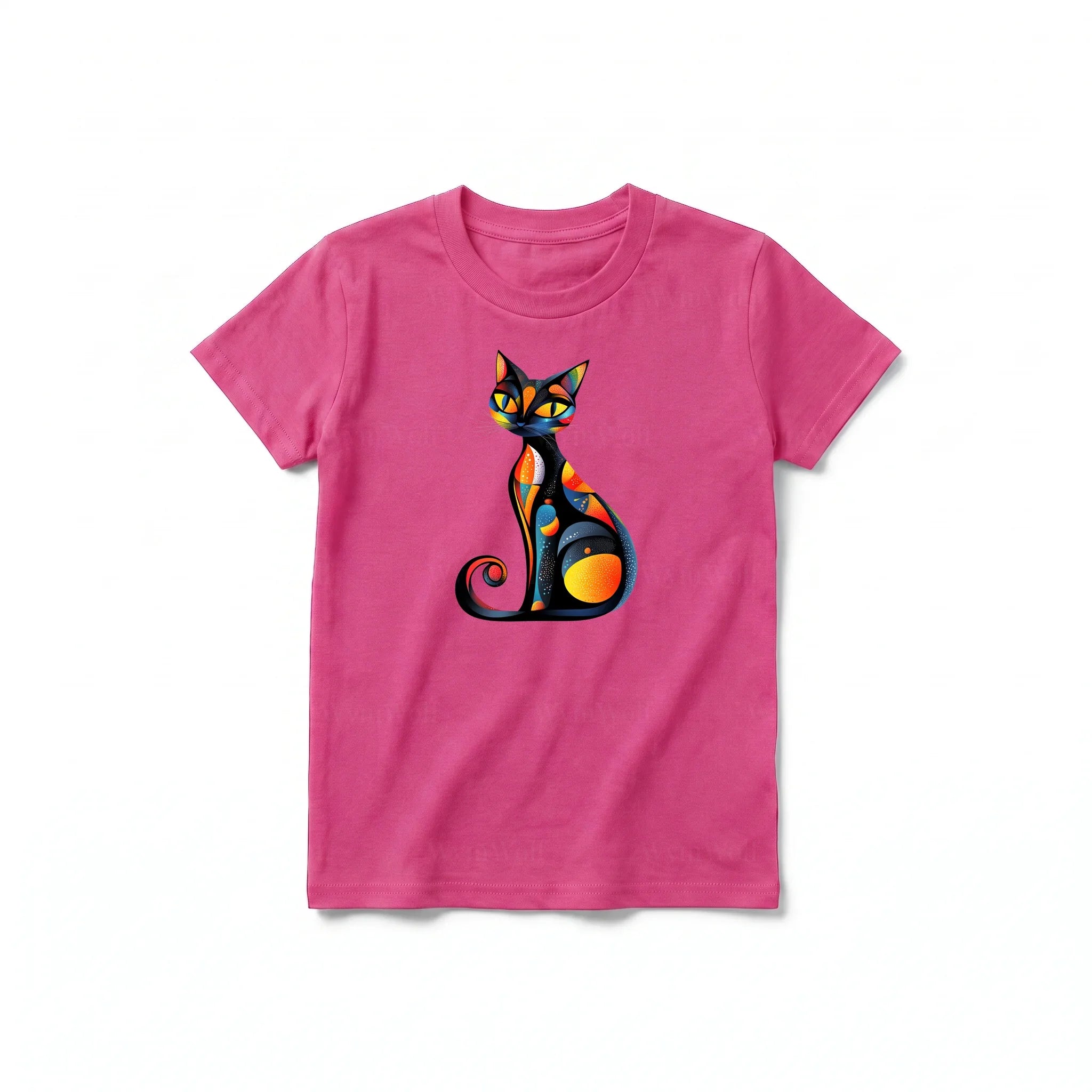 A raspberry short-sleeve crewneck t-shirt for youth featuring a graphic of a cat on the front.