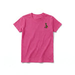 A raspberry short-sleeve crewneck t-shirt for youth featuring a graphic of a cat on the left chest.