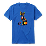 A royal short-sleeve crewneck t-shirt for adult featuring a graphic of a cat on the front.
