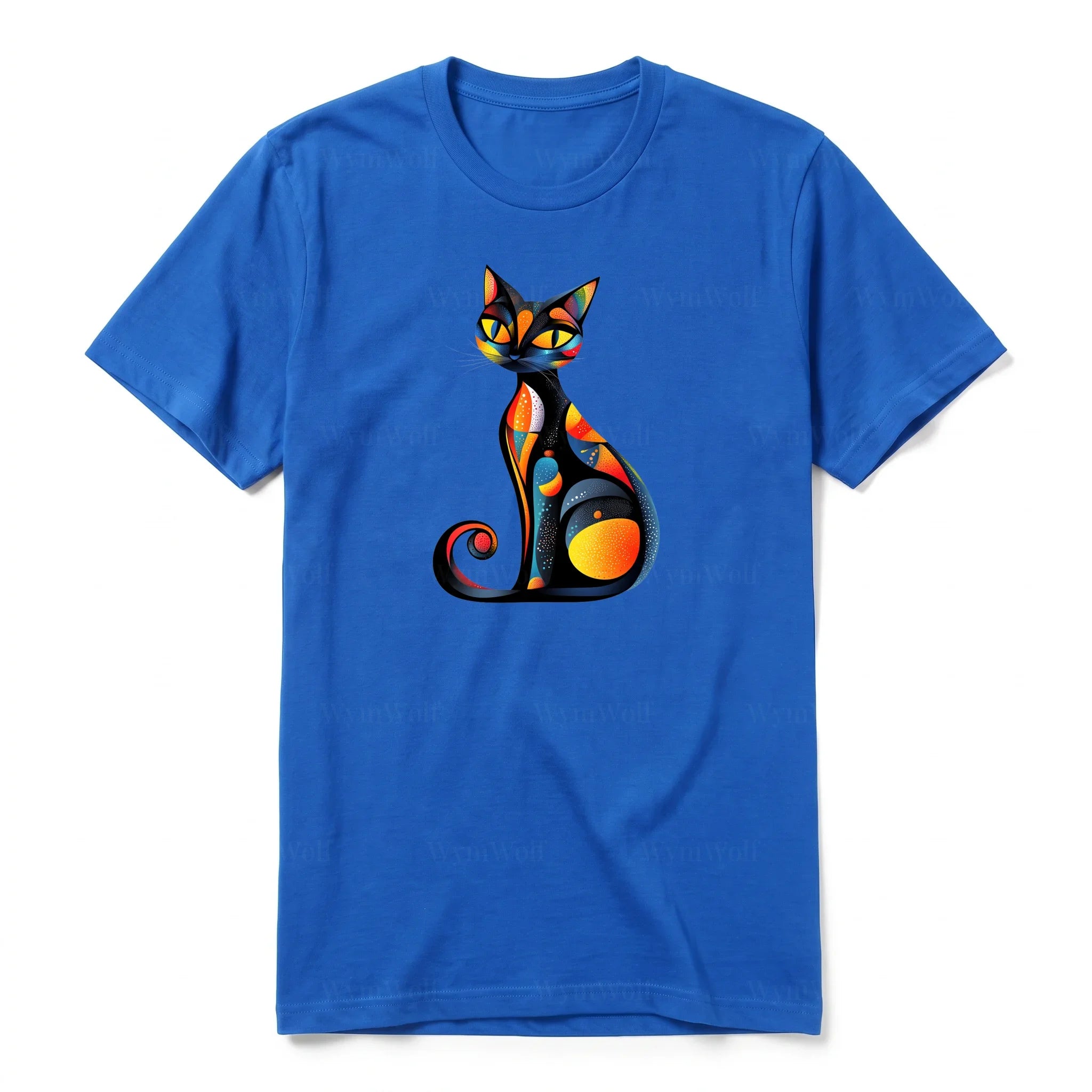 A royal short-sleeve crewneck t-shirt for adult featuring a graphic of a cat on the front.