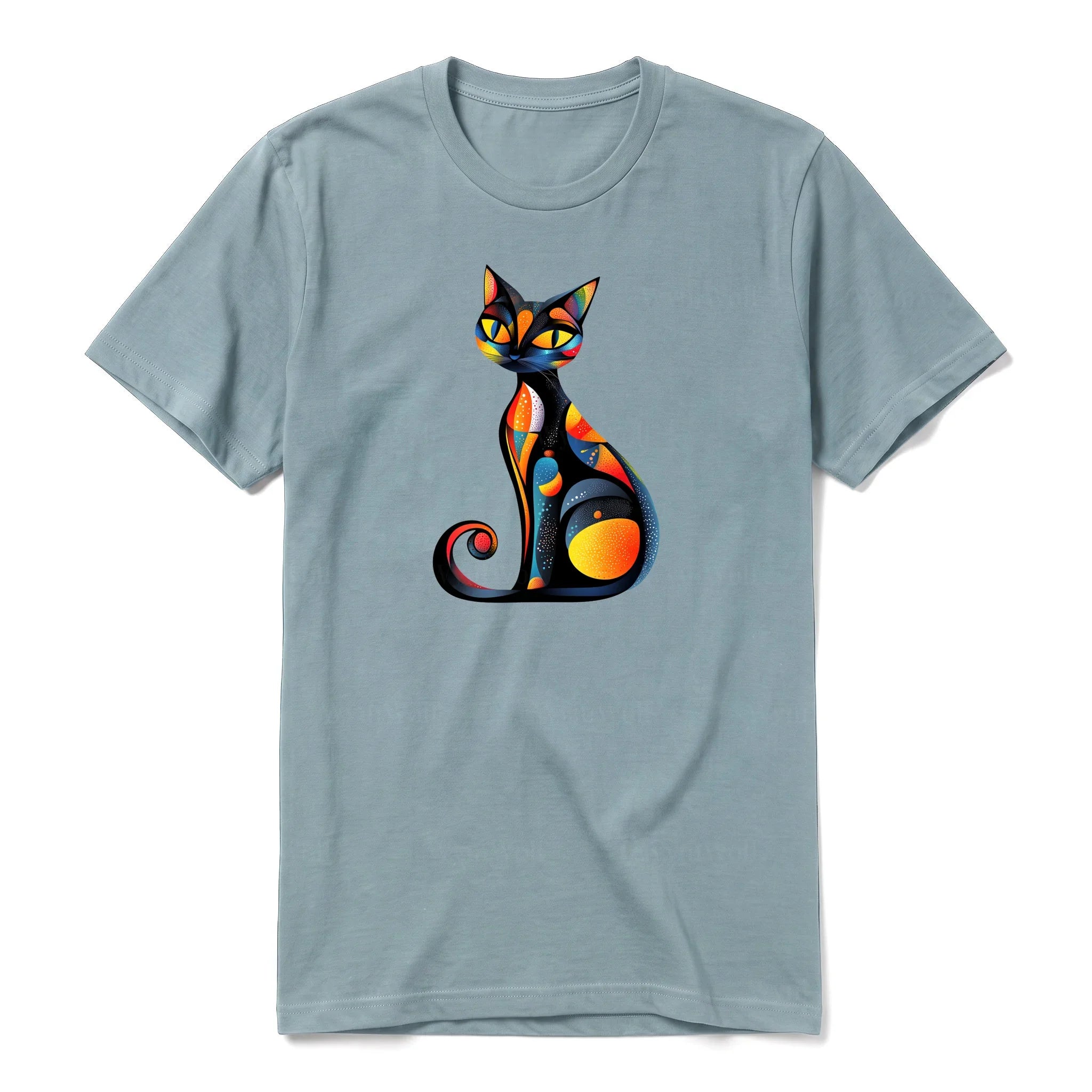 A sage short-sleeve crewneck t-shirt for adult featuring a graphic of a cat on the front.