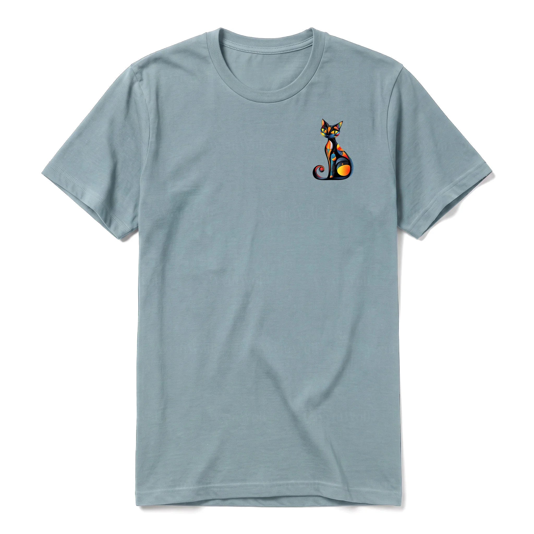 A sage short-sleeve crewneck t-shirt for adult featuring a graphic of a cat on the left chest.