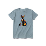 A sage short-sleeve crewneck t-shirt for youth featuring a graphic of a cat on the front.