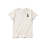 A vintage-white short-sleeve crewneck t-shirt for youth featuring a graphic of a cat on the left chest.
