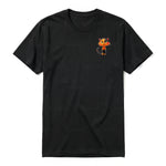 A black short-sleeve crewneck t-shirt for adult featuring a graphic of a cat on the left chest.