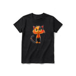 A black short-sleeve crewneck t-shirt for youth featuring a graphic of a cat on the front.