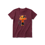 Un T-shirt marron à manches courtes et col rond pour jeune, orné d'un motif représentant un chat sur le devant.