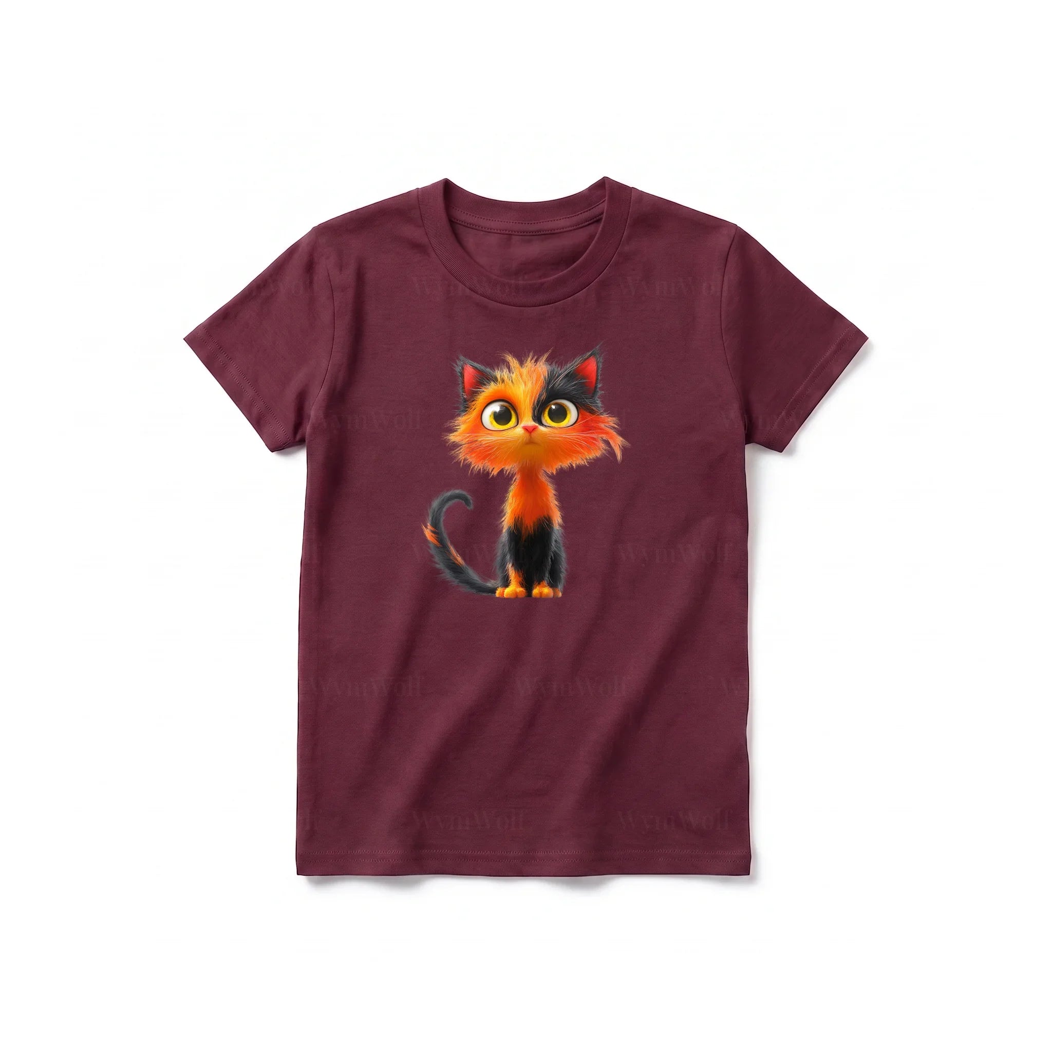 Un T-shirt marron à manches courtes et col rond pour jeune, orné d'un motif représentant un chat sur le devant.