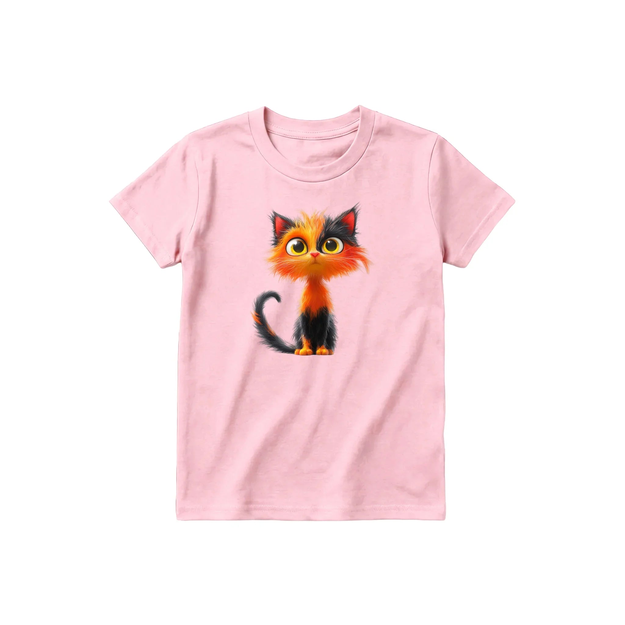 Un T-shirt rose à manches courtes et col rond pour jeune, orné d'un motif représentant un chat sur le devant.