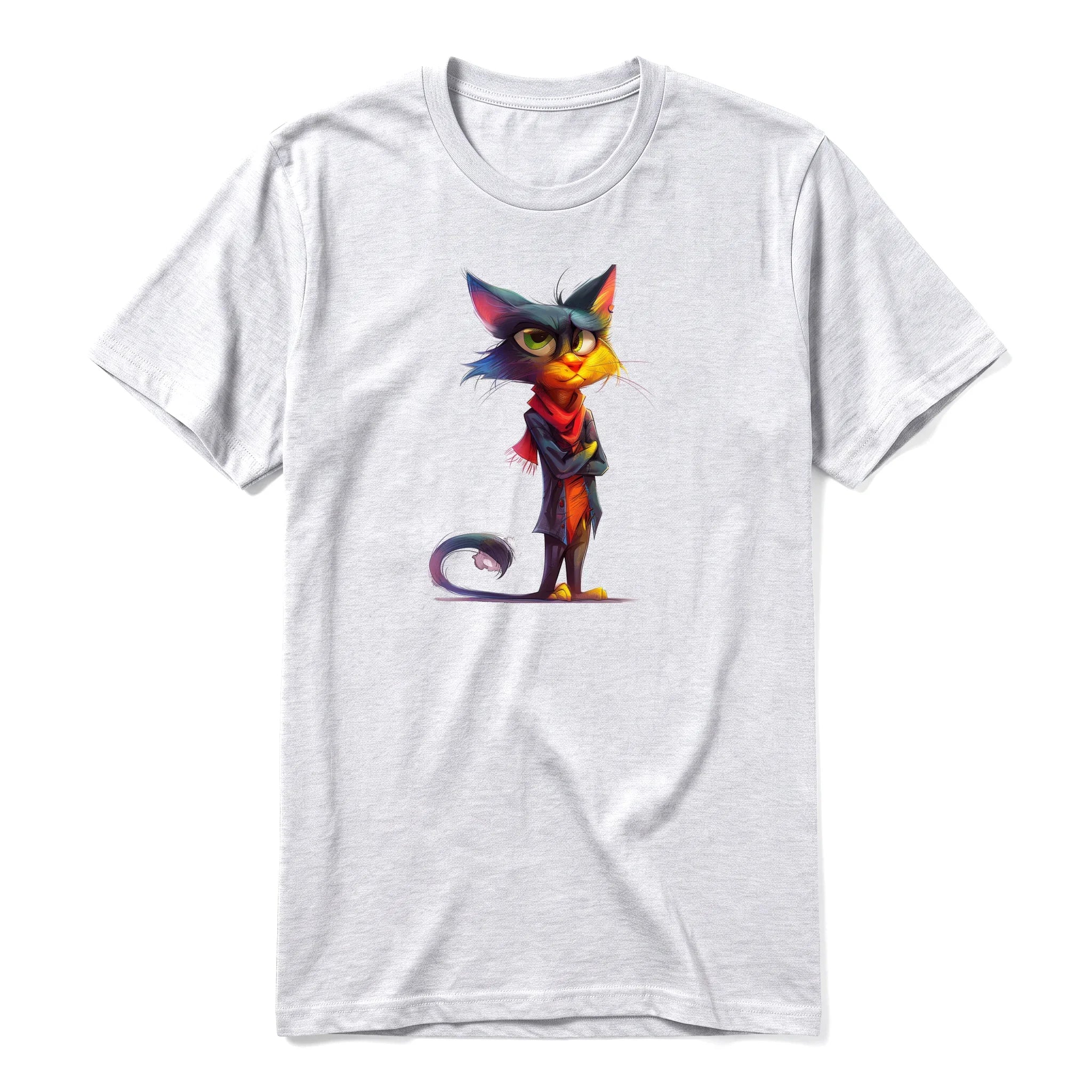 A ash grey short-sleeve crewneck t-shirt for adult featuring a graphic of a cat on the front.