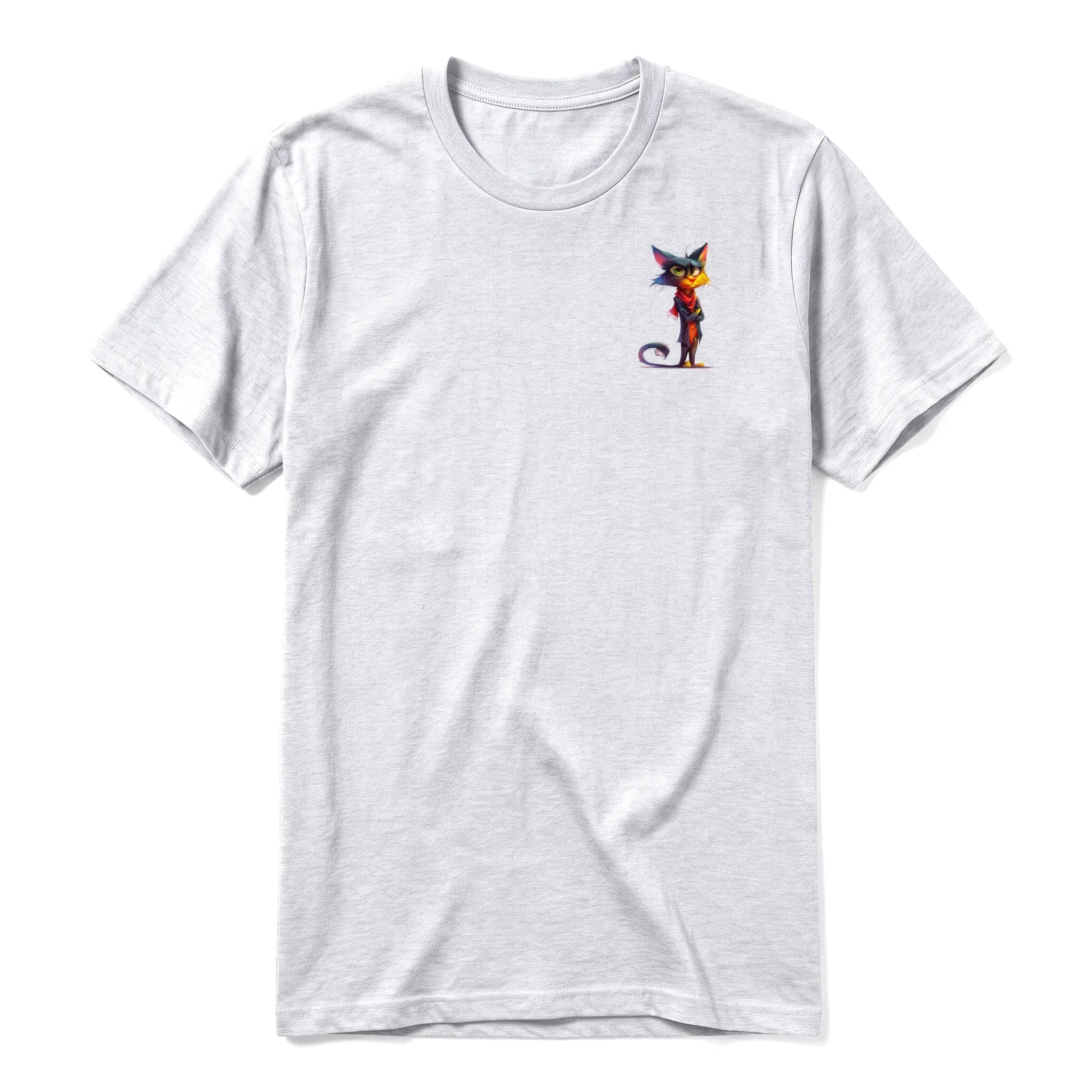 A ash grey short-sleeve crewneck t-shirt for adult featuring a graphic of a cat on the left chest.