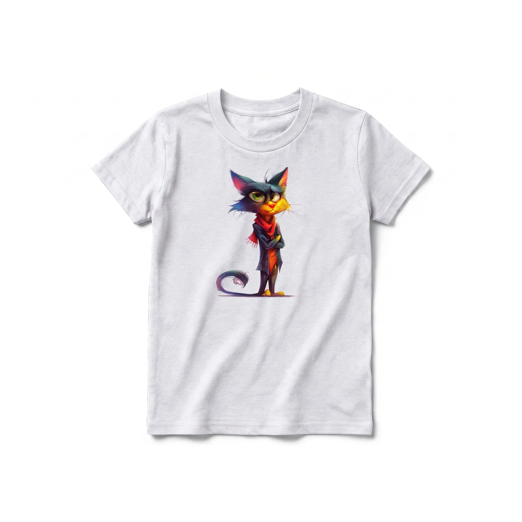 A ash grey short-sleeve crewneck t-shirt for youth featuring a graphic of a cat on the front.
