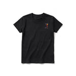 A black short-sleeve crewneck t-shirt for youth featuring a graphic of a cat on the left chest.