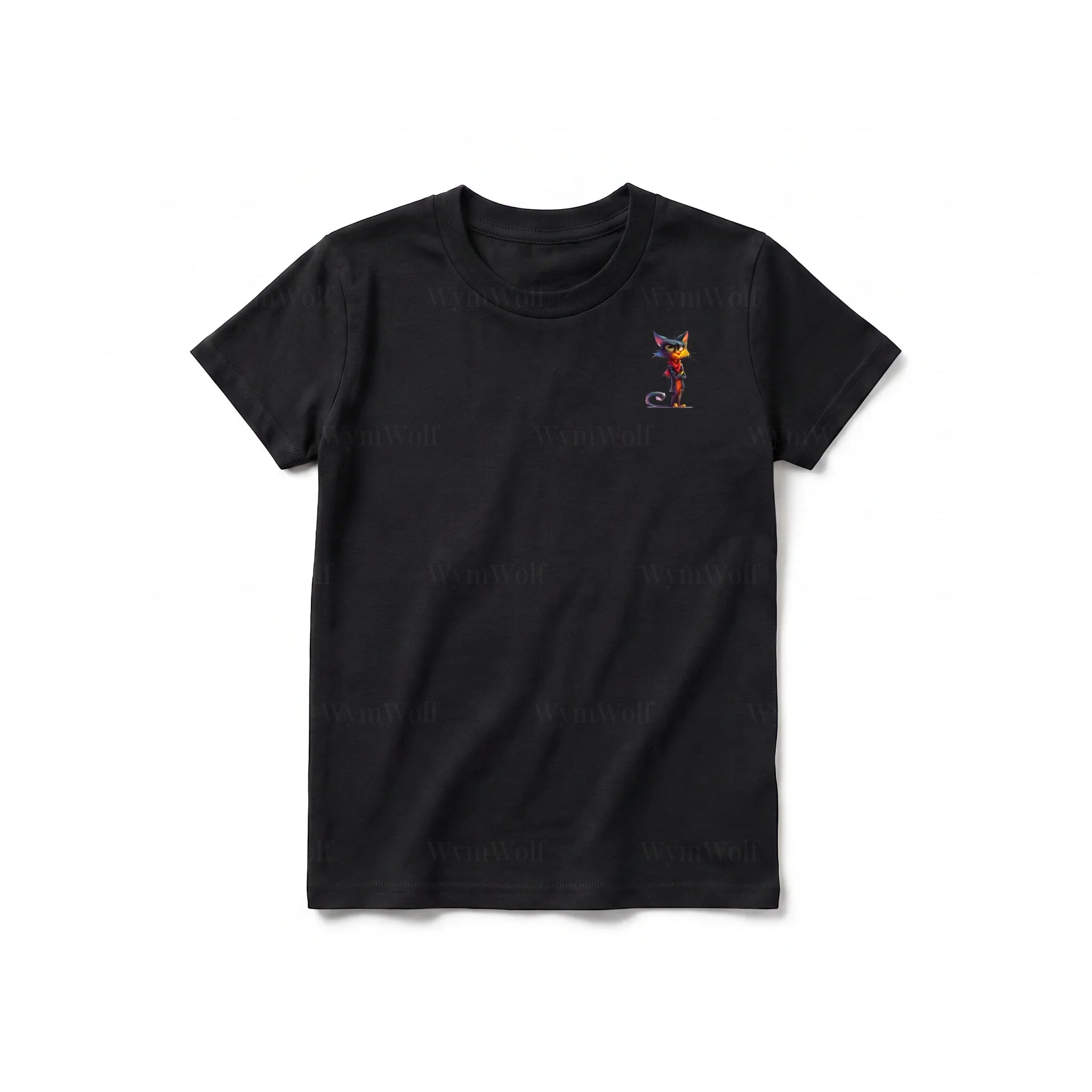 A black short-sleeve crewneck t-shirt for youth featuring a graphic of a cat on the left chest.