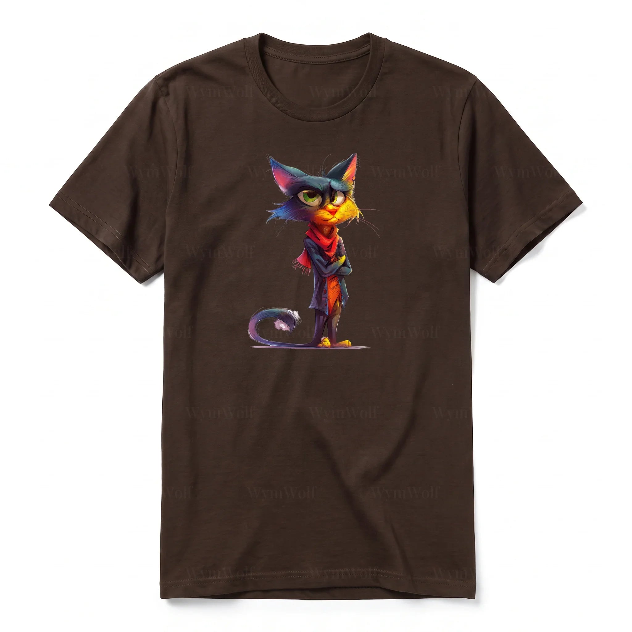 A chocolate short-sleeve crewneck t-shirt for adult featuring a graphic of a cat on the front.