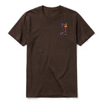 A chocolate short-sleeve crewneck t-shirt for adult featuring a graphic of a cat on the left chest.