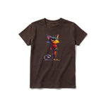 A chocolate short-sleeve crewneck t-shirt for youth featuring a graphic of a cat on the front.