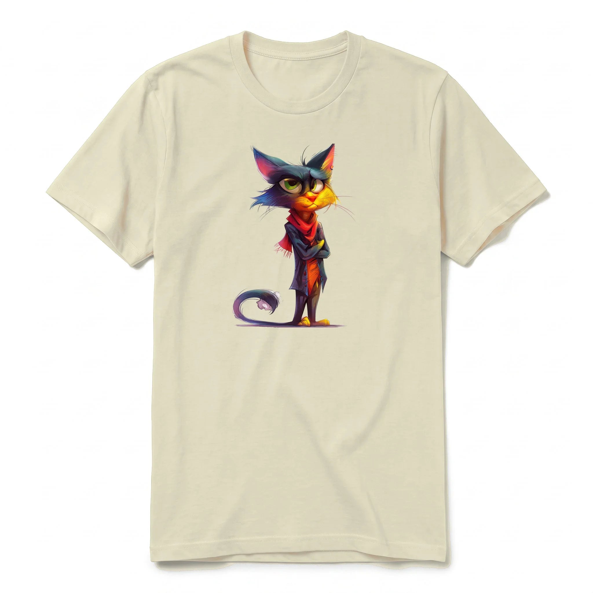 A latte short-sleeve crewneck t-shirt for adult featuring a graphic of a cat on the front.
