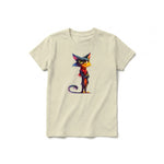 A latte short-sleeve crewneck t-shirt for youth featuring a graphic of a cat on the front.