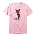 A pink short-sleeve crewneck t-shirt for adult featuring a graphic of a cat on the front.