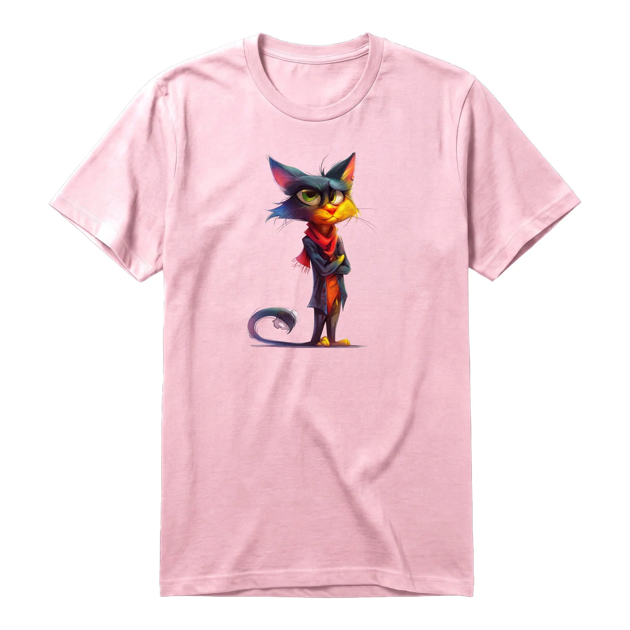 A pink short-sleeve crewneck t-shirt for adult featuring a graphic of a cat on the front.