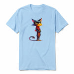 A powder short-sleeve crewneck t-shirt for adult featuring a graphic of a cat on the front.