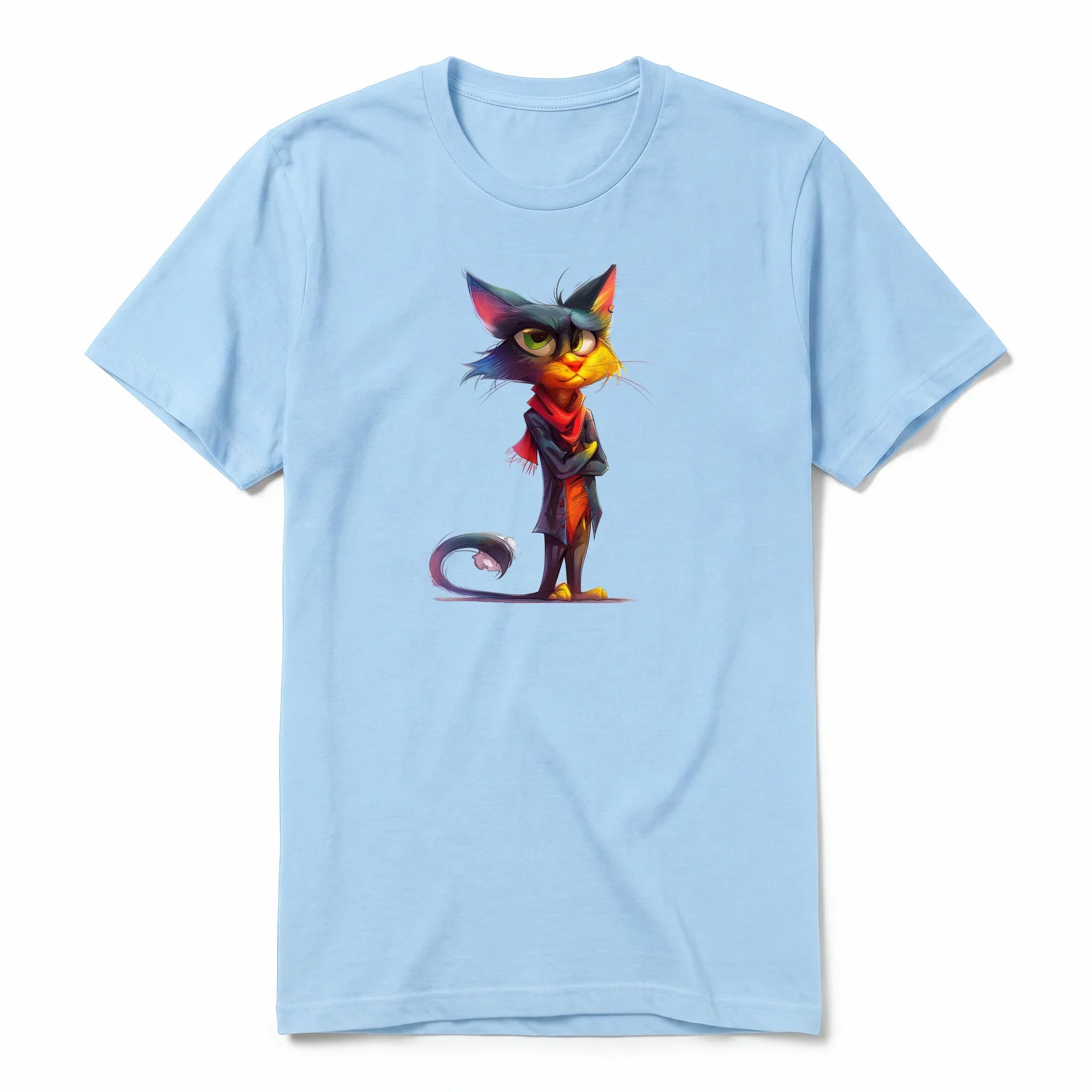 A powder short-sleeve crewneck t-shirt for adult featuring a graphic of a cat on the front.