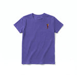 A purple short-sleeve crewneck t-shirt for youth featuring a graphic of a cat on the left chest.