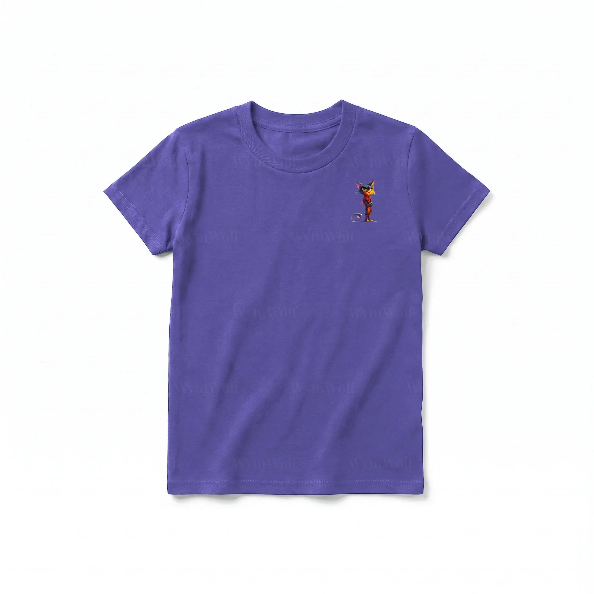 A purple short-sleeve crewneck t-shirt for youth featuring a graphic of a cat on the left chest.