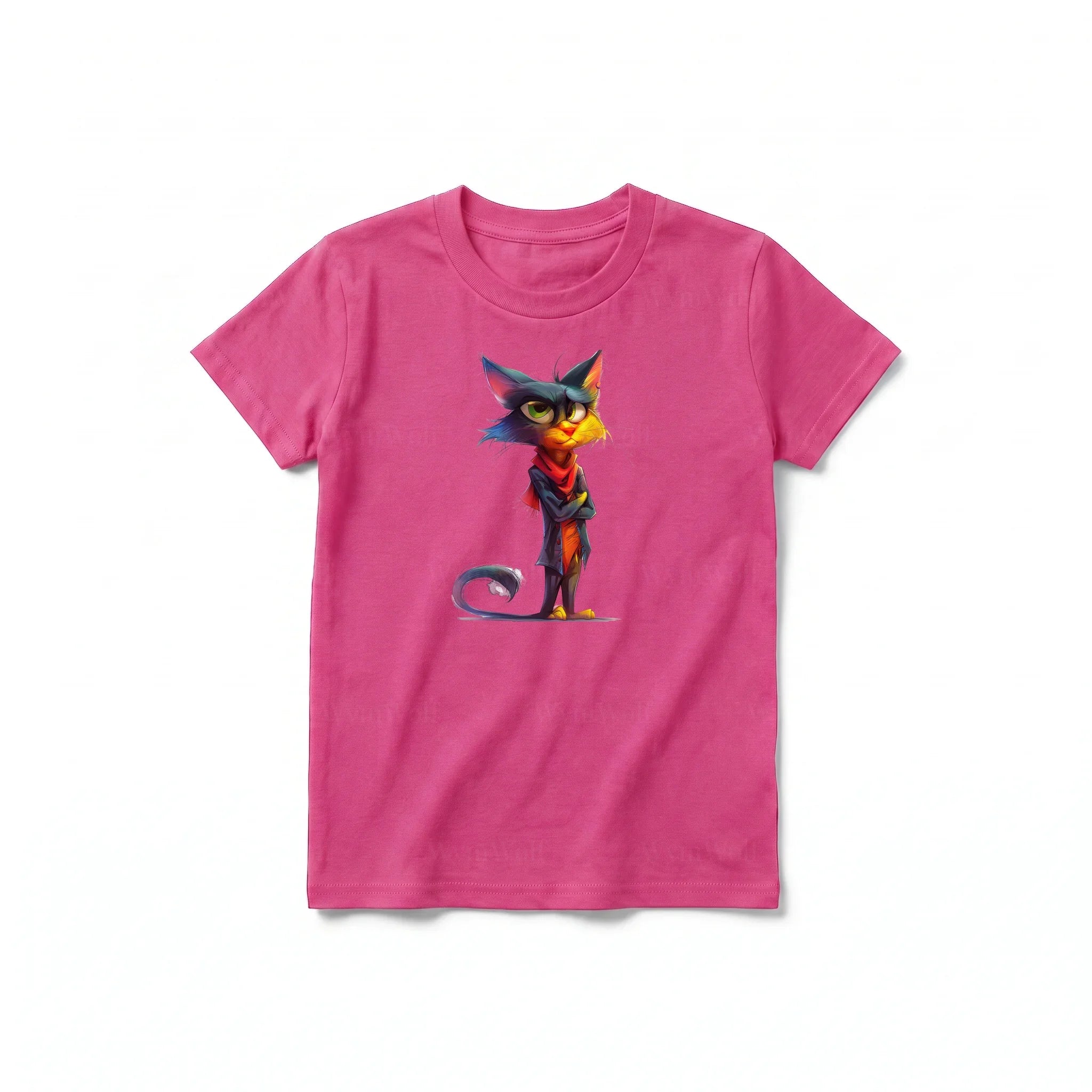 A raspberry short-sleeve crewneck t-shirt for youth featuring a graphic of a cat on the front.