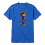 A royal short-sleeve crewneck t-shirt for adult featuring a graphic of a cat on the front.