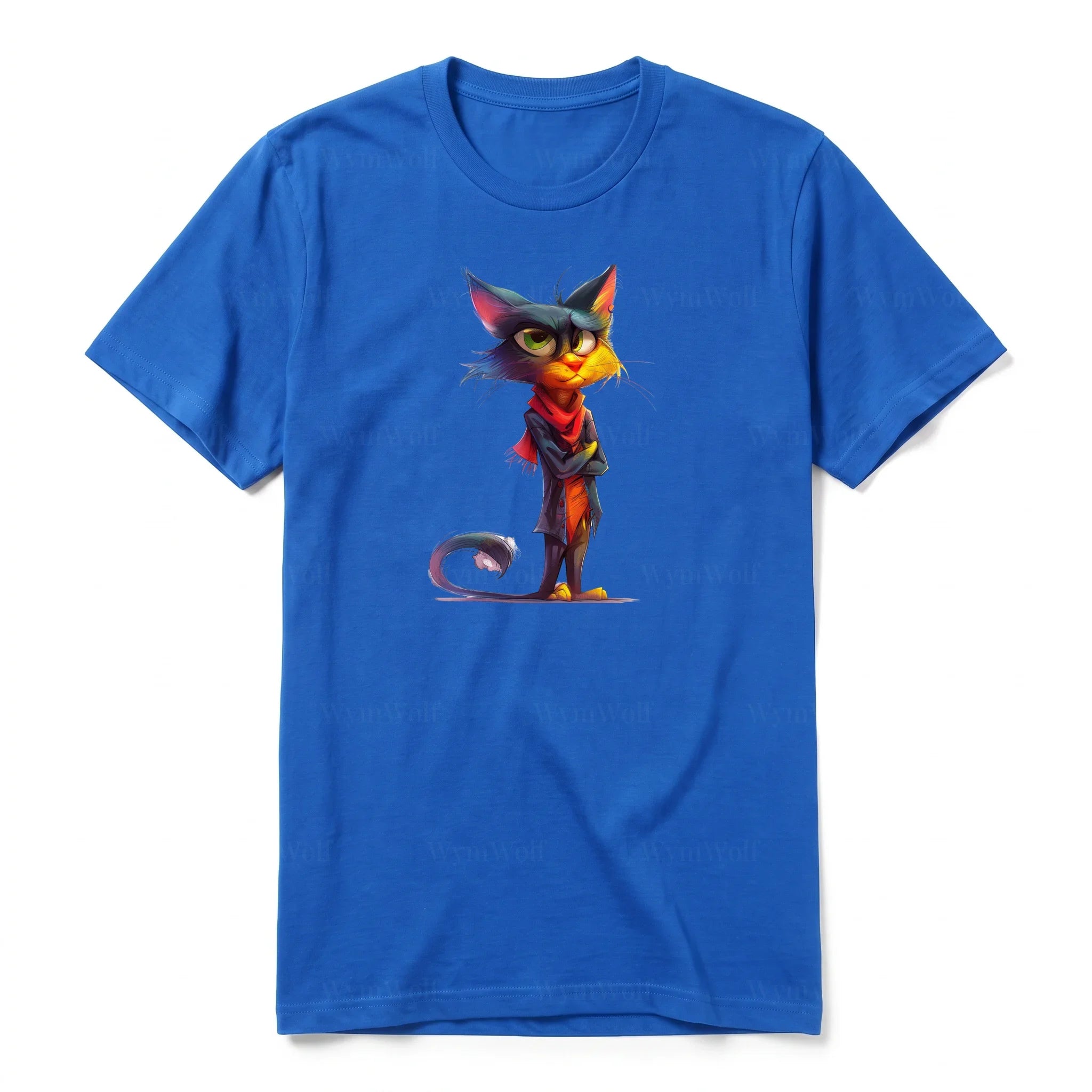 A royal short-sleeve crewneck t-shirt for adult featuring a graphic of a cat on the front.