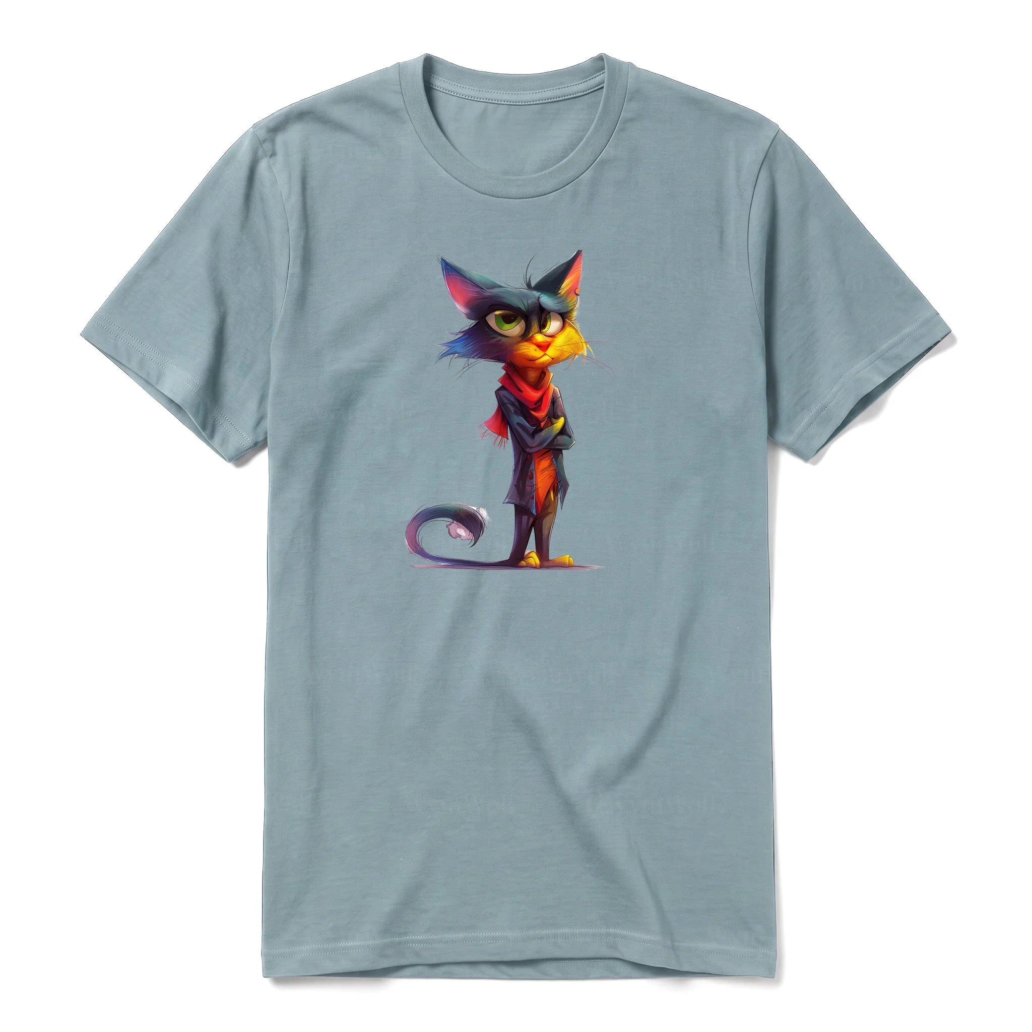 A sage short-sleeve crewneck t-shirt for adult featuring a graphic of a cat on the front.