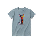 A sage short-sleeve crewneck t-shirt for youth featuring a graphic of a cat on the front.