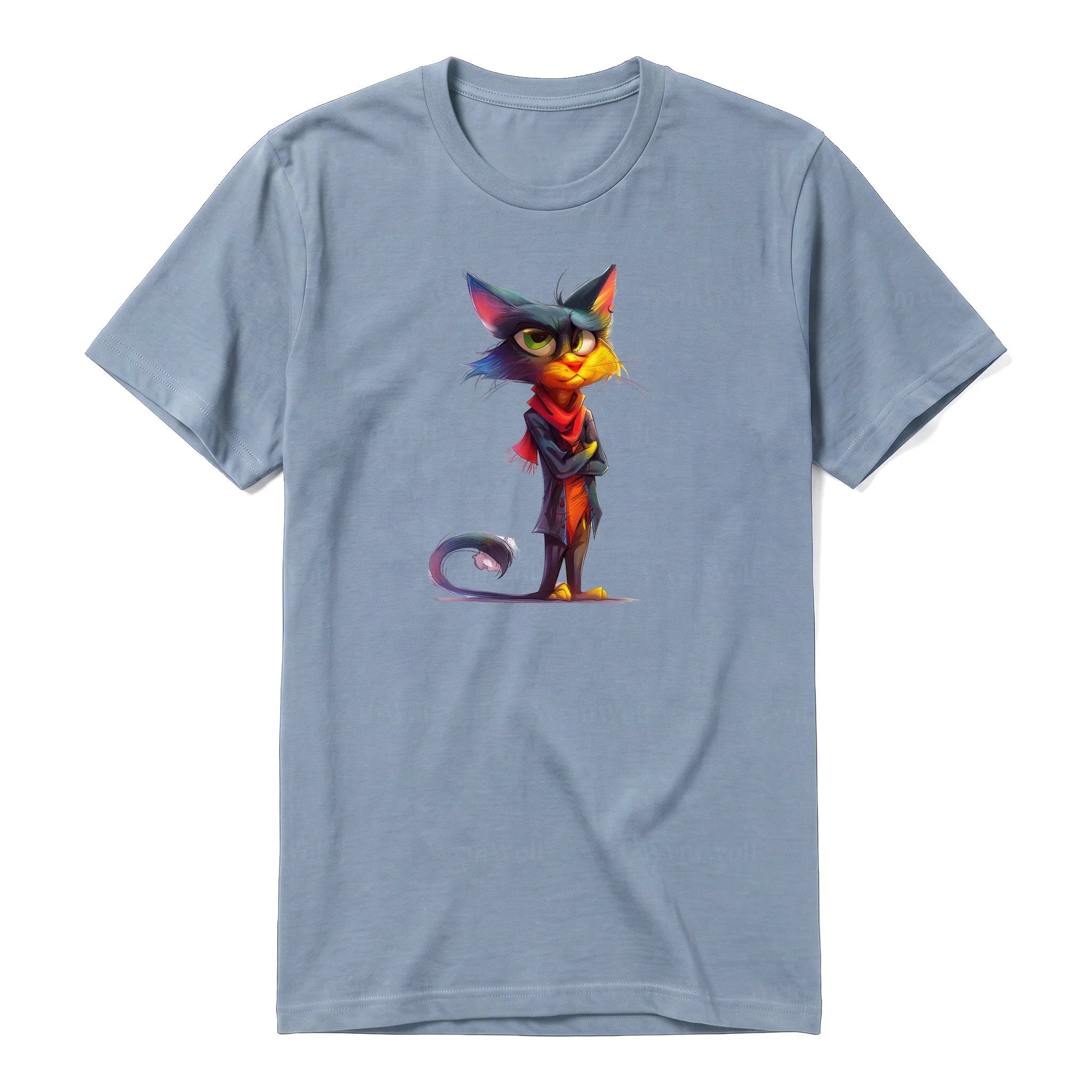 A steel-blue short-sleeve crewneck t-shirt for adult featuring a graphic of a cat on the front.